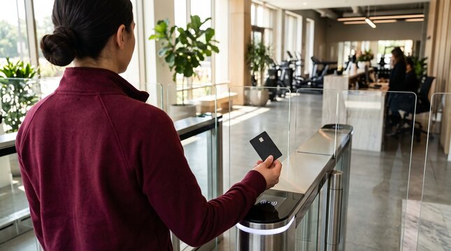 Active woman holding contactless card to scan at fitness center gate.