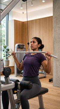 Woman exercising with lat pulldown machine in gym