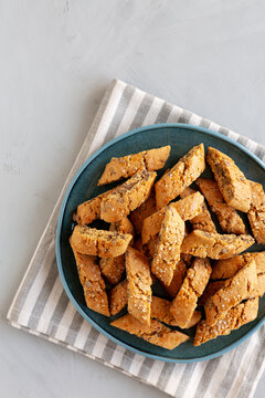 Homemade Chocolate Cantucci Pastry on a Plate, top view. Copy space.