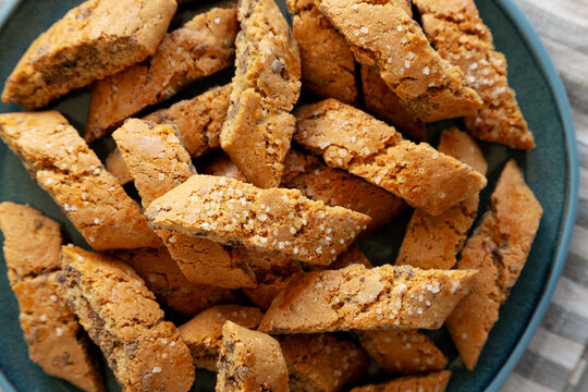 Homemade Chocolate Cantucci Pastry on a Plate, top view. Close-up.
