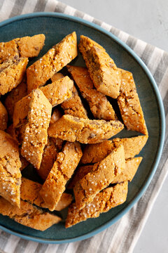 Homemade Chocolate Cantucci Pastry on a Plate, top view. Close-up.
