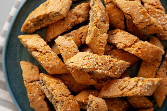 Homemade Chocolate Cantucci Pastry on a Plate, top view. Close-up.