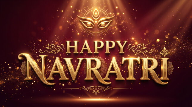 Elegant Happy Navratri Golden Typography with Goddess Durga Eyes on Glowing Festive Background Banner Design