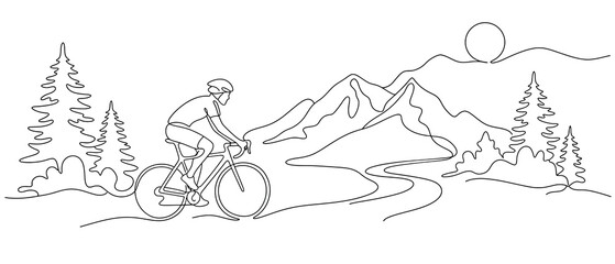 Fototapeta premium Continuous one line drawing of a cyclist riding a road bike on a mountain landscape with pine trees and sun in the background