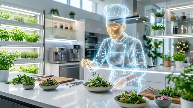 Futuristic hologram chef preparing fresh salad in modern smart kitchen, virtual reality cooking assistant in high-tech home interior