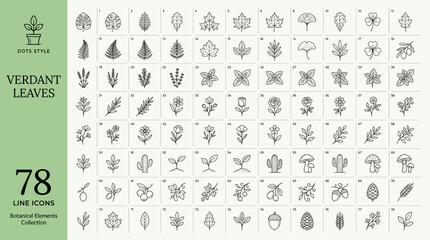 Fototapeta premium Verdant Leaves Large Dots Style Line Icon Set with 78 Botanical Leaf Shapes, Foliage Symbols and Nature Elements Vector Illustration