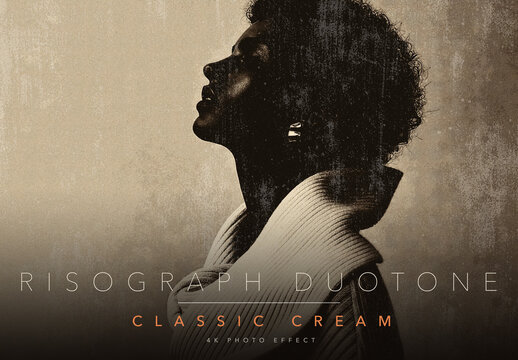 Vintage Risograph Duotone Photo Effect Template - Retro Cream and Black Ink Riso Print Zine Style Dot Halftone Grain Poster Look