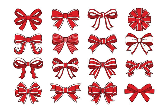 Collection of Decorative Red Bows and Ribbons in Various Styles and Sizes Perfect for Gift Wrapping and Craft Projects