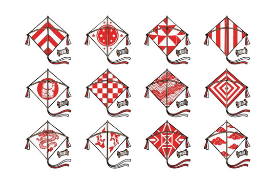 Collection of Diverse Red and White Traditional Kites Displayed in a Grid Pattern with Intricate Designs and Tassels Ready for Flight Against a Clean White Background
