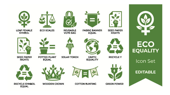 Collection of Eco Equality Symbols and Icons Representing Sustainability Environmentalism and Social Justice