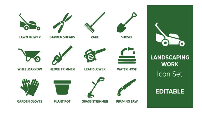 Collection Of Editable Green Icons Representing Landscaping And Gardening Tools For Outdoor Maintenance Tasks