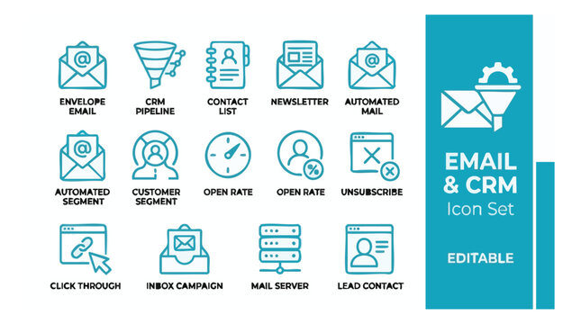 Collection of Email and CRM Icons Representing Customer Relationship Management and Digital Communication Tools Optimized for Business Applications