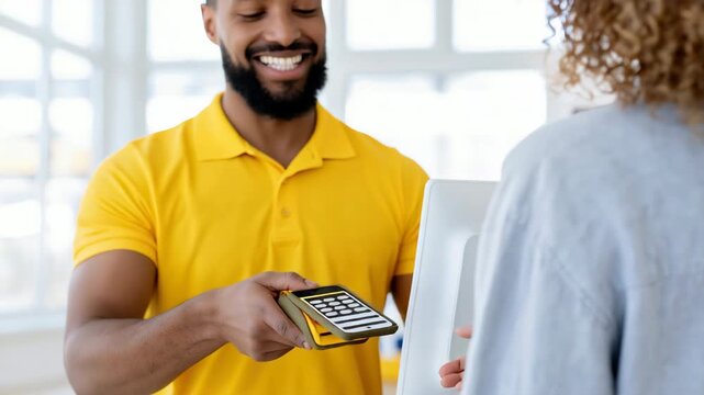 Tracking shot of cashier handing card reader to customer at checkout counter in bright retail store
