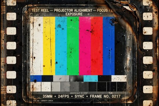 Vintage Film Test Reel with Color Bars and Grayscale Chart.
