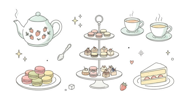 Hand-drawn naive outline sketch of a charming tea set with sweet dessert on white background, minimal vector illustration of teapot, cup, and cake for cozy breakfast or afternoon snacks.