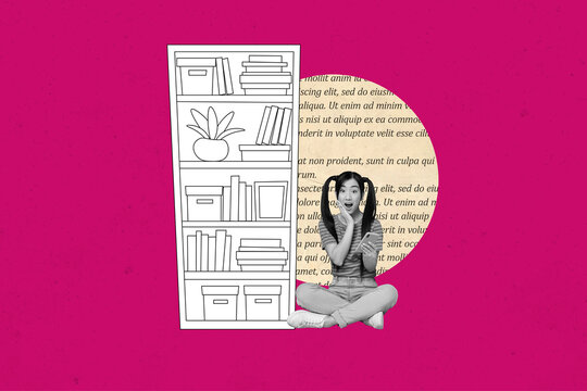 Image 3d poster artwork collage of happy girl guy stand doodle bookshelf interior bookworm library furniture plant book reader