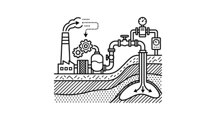 Obraz premium Modern Black and White of Industrial Fracking Process with Factory Pipelines and Extraction Well