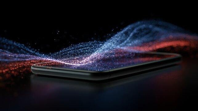 A futuristic smartphone screen displaying dynamic holographic data streams with vibrant neon blue and fiery red light patterns against a sleek dark background, showcasing advanced digital