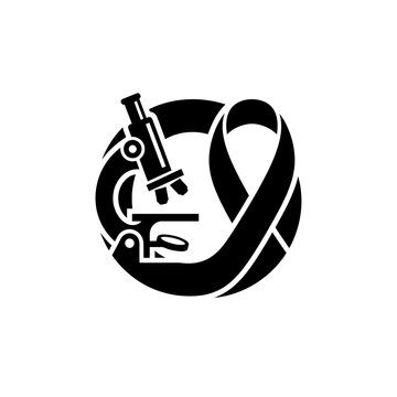 Black microscope logo on white background.