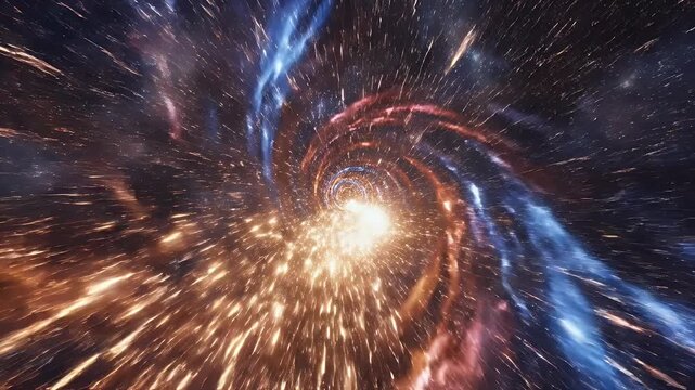 Swirling cosmic vortex of light and nebulae, streaking through spacetime