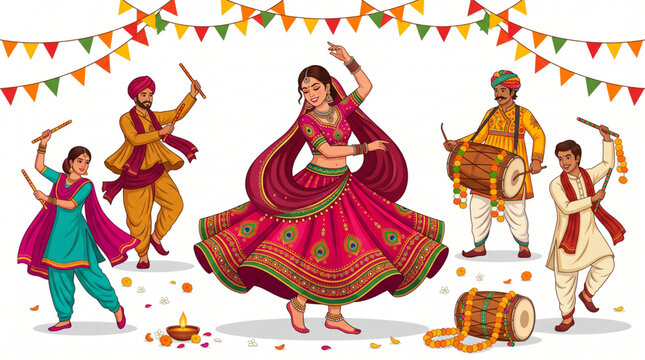 Colorful Garba Dandiya Dance Celebration with Traditional Musicians and Festive Bunting for Navratri Poster Design