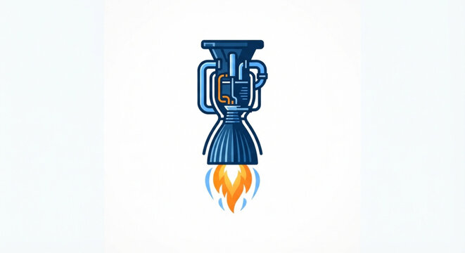 Vector illustration of a rocket engine with fire exhaust in flat style