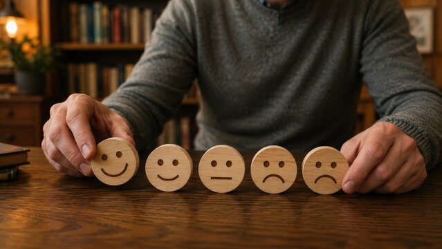 Man moving wooden smiley face emoji on table for satisfaction rating.