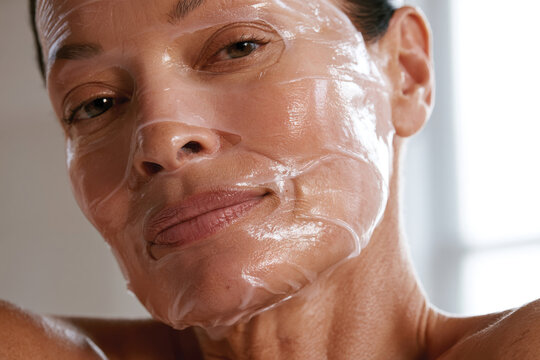 A captivating close-up of a woman wearing a hydrating facial mask, showcasing her natural beauty and promoting self-care with glowing skin.