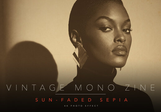 Vintage Mono Zine Photo Effect Template - Sun-Faded Sepia Halftone Print, Faded Sepia Ink on Yellowed Aged Paper, Soft Retro Nostalgic Photo Look