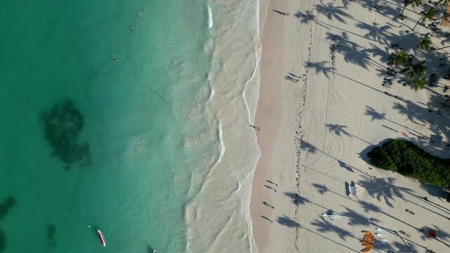 Vista a&eacute;rea cenital de una playa tropical en Punta Cana, Rep&uacute;blica Dominicana, con agua turquesa en un d&iacute;a soleado de verano con olas en la orilla