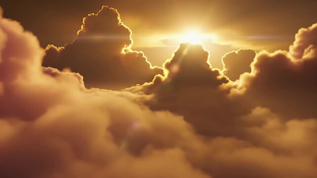 Sunbeams pierce through a thick blanket of golden, illuminated clouds