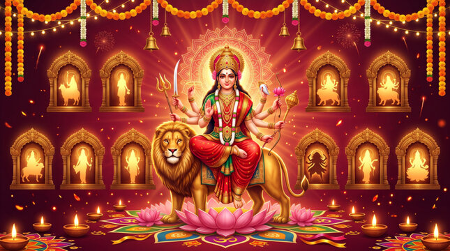 Goddess Durga Seated on Lion with Sacred Lotus, Temple Lamps and Festive Navratri Background Banner Design