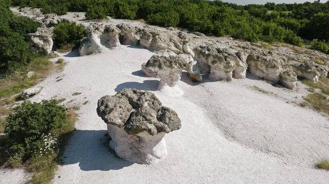 Stone Mushrooms aerial view rock formations Beli Plast Bulgaria drone view Kamennite gabi geological natural landmark Kardzhali travel tourism hiking landscape