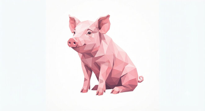Polygonal Low Poly Pink Pig Vector Illustration on White Background