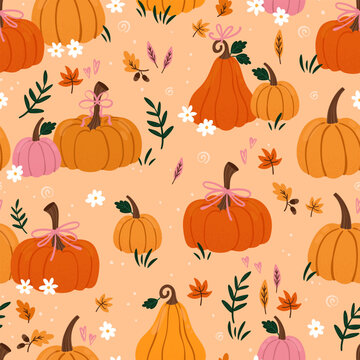 Lovely hand drawn Thanksgiving seamless pattern with pumpkins and sunflowers, great for textiles, table cloth, wrapping, banners, wallpapers - vector design