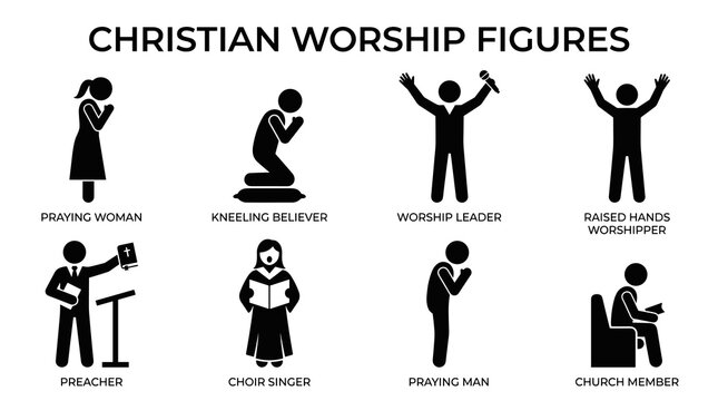 Christian Worship Figures Black Silhouette Icon Set with Prayer, Worship Leader, Preacher, Choir Singer and Bible Reading Vector Illustration