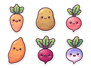 Fototapeta premium Cute kawaii root vegetables sticker set vector illustration