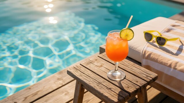 Relaxing tropical cocktail on a wooden poolside table with sunglasses and vibrant sunset sky