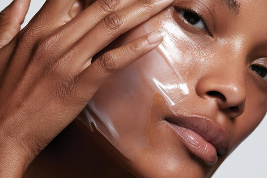 A close-up image of a woman applying a facial mask, showcasing the beauty treatment process and emphasizing self-care and skincare routines in a calm environment.