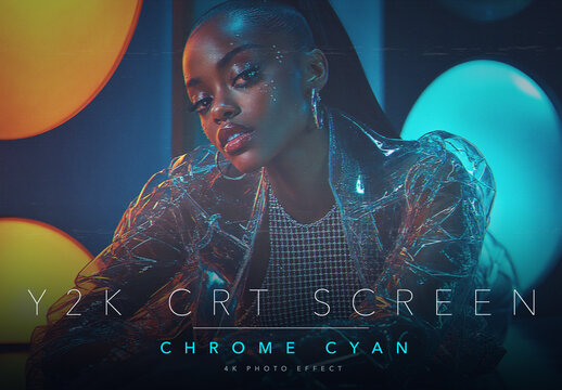 Retro Y2K CRT Screen TV Photo Effect Template - Chrome Cyan Silver Cool Tone Vintage VHS Scanlines Analog 2000s Look