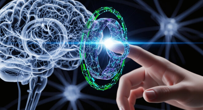 Futuristic brain computer interface with hand touching digital virtual reality hologram
