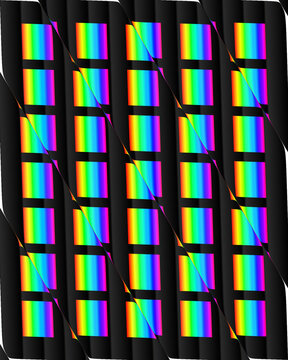 Abstract pattern of rainbow spectrum color blocks on dark ribbed surface with abstract spectrum background