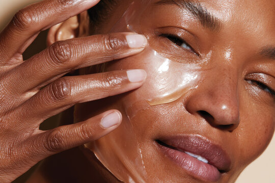 A woman gently applies a gel mask on her face, focusing on skincare, self-love, and the importance of beauty treatments in a tranquil and relaxing environment.