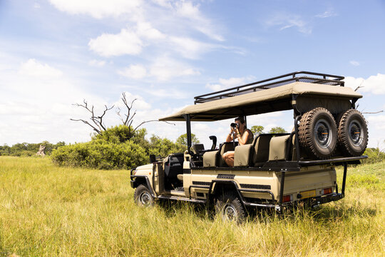 adult woman photographer leaning out of safari vehicle, Okavango Delta, Botswana, Africa