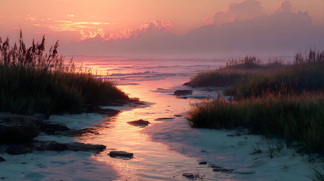 Golden sunrise river delta misty wetlands peaceful natural landscape photography Images