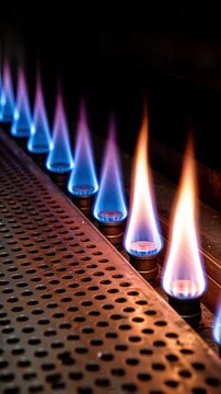 Row of blue premixed gas flames burning on the ported deck of an industrial burner, heating and energy close up