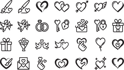 Fototapeta premium Collection of romantic valentine day icons with hearts, brushes, and love symbols.