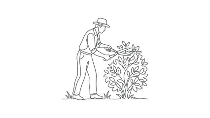 Obraz premium Line drawing of a gardener trimming a bush.