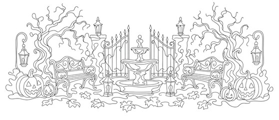 Fototapeta premium Halloween garden scene with a fountain, wrought iron gates, benches, spooky trees, and jackolanterns, black and white line art illustration