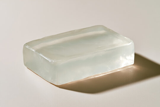 A crystal clear soap bar rests on a soft surface, illuminated by dramatic lighting that enhances its texture and invites viewers to appreciate its elegant form.